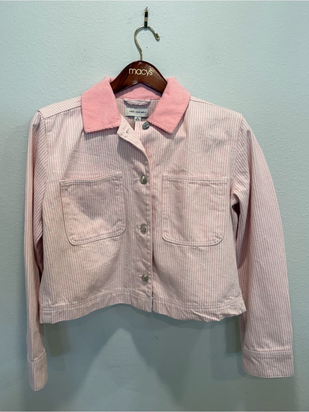 Pink Corduroy Collar Pink and White Stripe Slightly Cropped Denim Jacket
